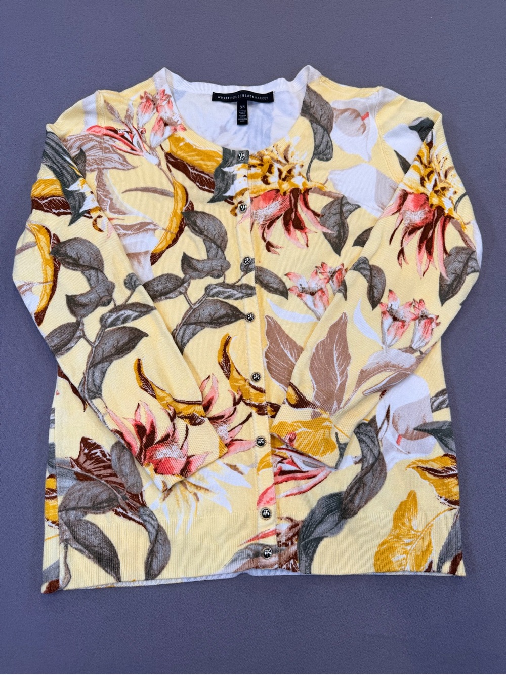 White House Black Market Floral Yellow Button-Up Cardigan Size XS
